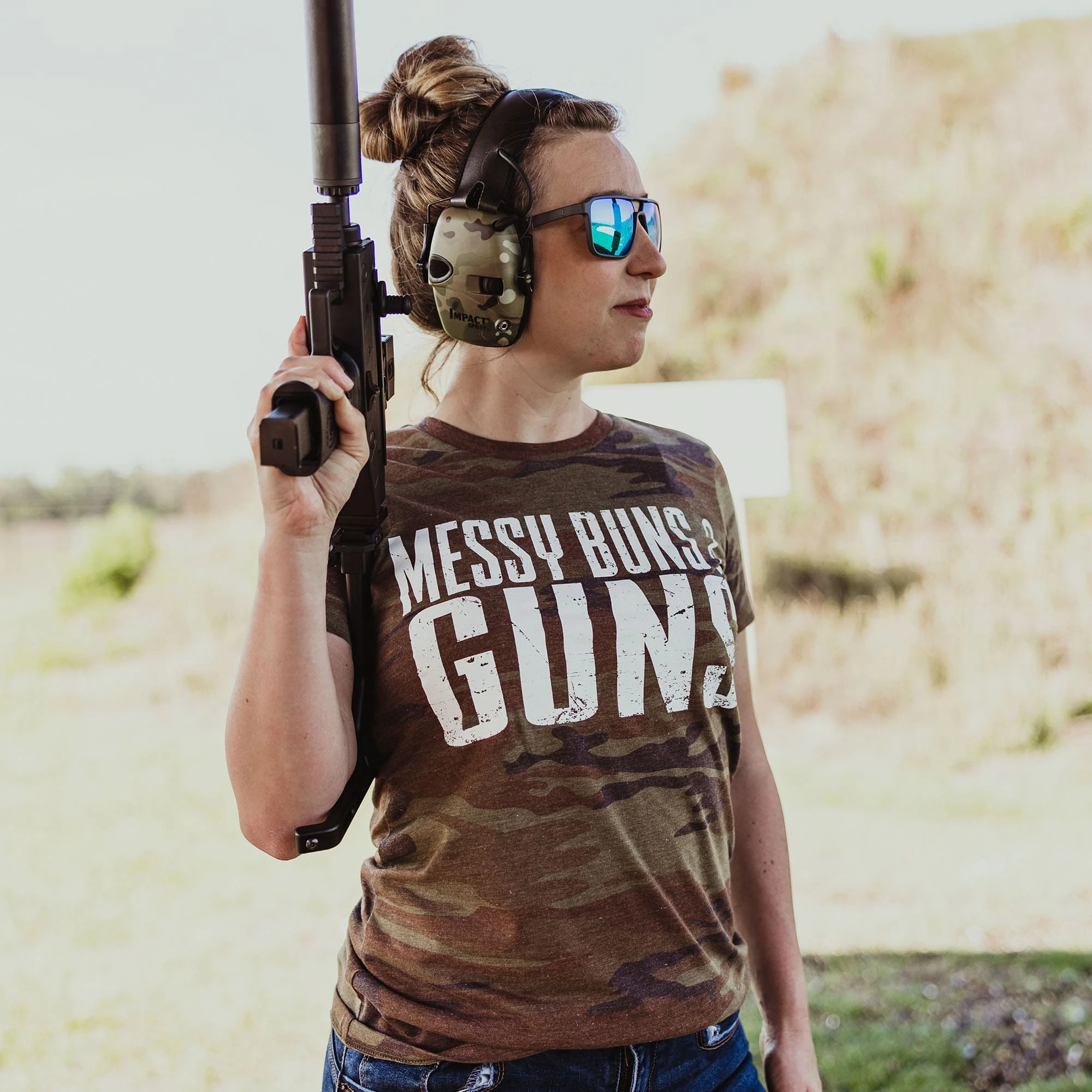 Women's Messy Buns & Guns T-Shirt - Woodland Camo 3 Women's Messy Buns & Guns T-Shirt - Woodland Camo