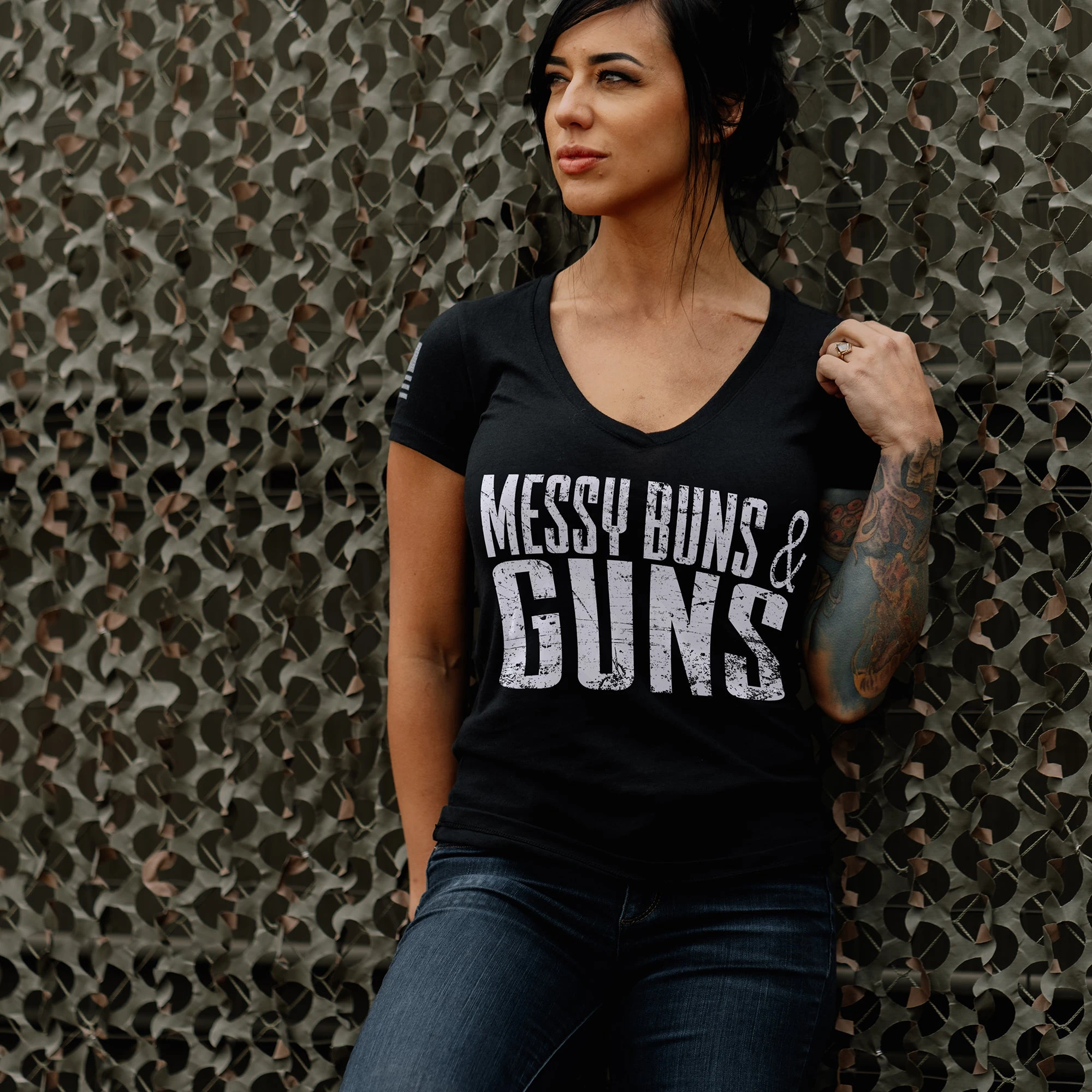 Women's Messy Buns & Guns V-Neck - Black 5 Women's Messy Buns & Guns V-Neck - Black - Image 3