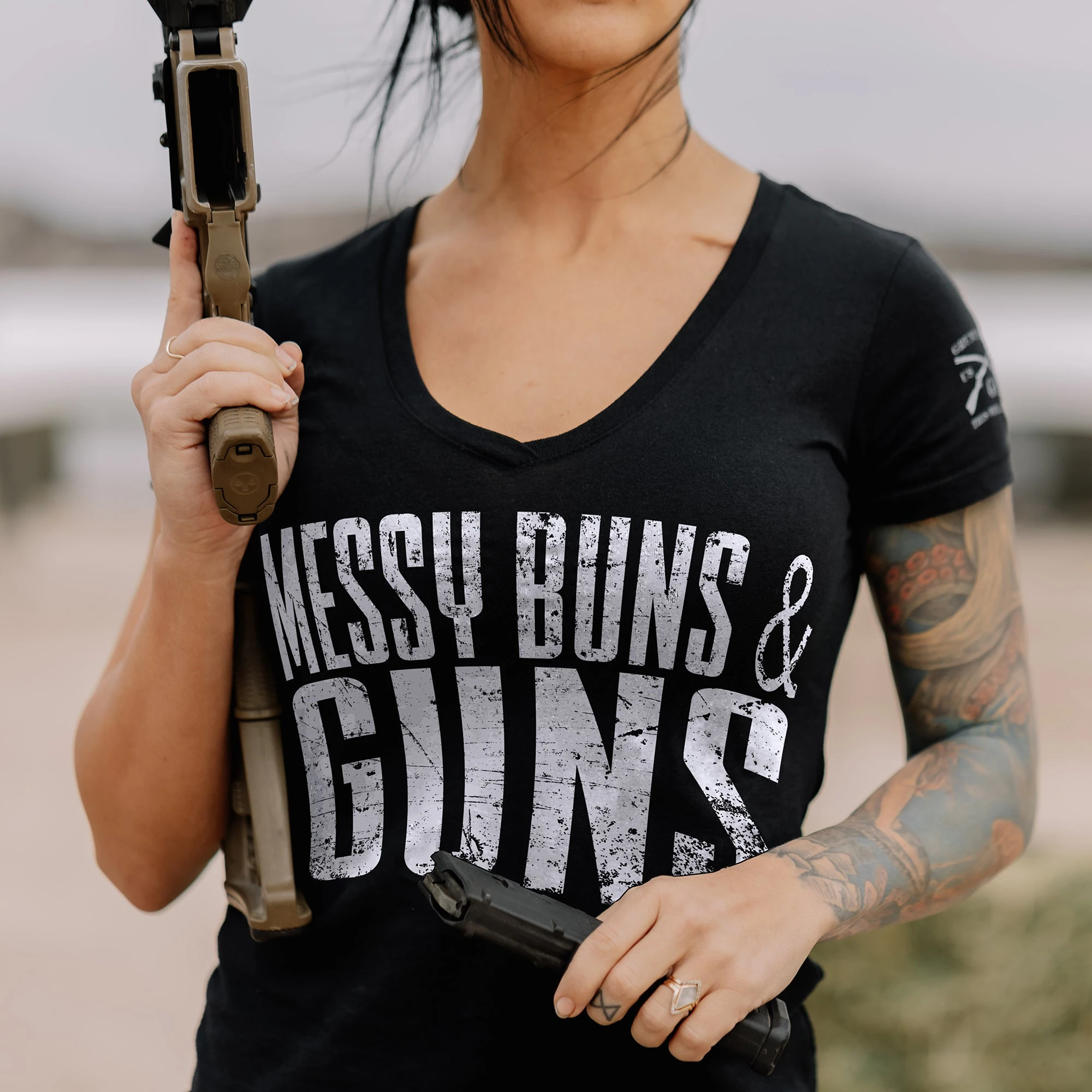 Women's Messy Buns & Guns V-Neck - Black 3 Women's Messy Buns & Guns V-Neck - Black