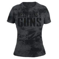 Women's Messy Buns & Guns T-Shirt - Black Wash -Daily Clothing Store GS5162 MessyBuns Guns BlackWash STANDARD WEB READY front
