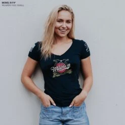 Women's Murica Brewing V-Neck - Midnight Navy -Daily Clothing Store Model Info Poster 2000x2000 GS5753MuricaSince1776Women sV Neck MidnightNavy