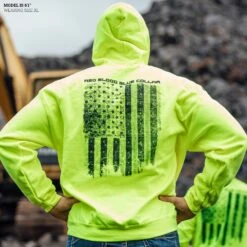 Red Blood Blue Collar™Hoodie - Safety Green -Daily Clothing Store Model Info Poster 2000x2000 GS5805RedBloodBlueCollarHoodie SafetyGreen