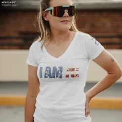 Women's I AM 76 V-Neck - White -Daily Clothing Store Model Info Poster 2000x2000 GS6023IAM76V Neck White