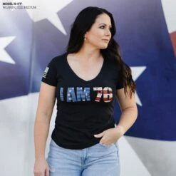 Women's I AM 76 V-Neck - Black -Daily Clothing Store Model Info Poster 2000x2000 copy 2