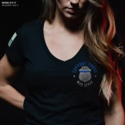 Women's Blue Line Support Those Who Serve V-Neck T-Shirt - Black -Daily Clothing Store Model Info Poster 2000x2000 copy GS5830BlueLineSupportThoseWhoServeV Neck