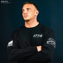 1776 Flag Long Sleeve - Black -Daily Clothing Store Model Info Poster 2000x2000 copy GS58331776FlagLS Black